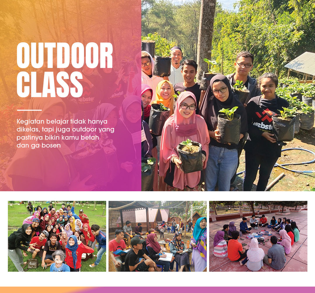 Kegiatan belajar outdoor class interaktif mahasiswa LKP Webster Kampung Inggris