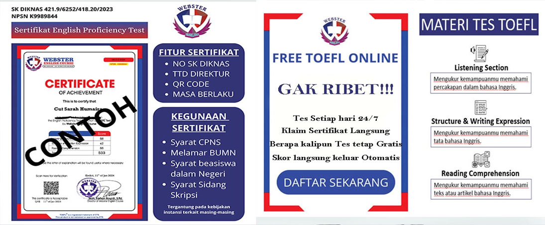 Contoh tampilan sertifikat dan materi TOEFL Prediction Test online di LKP Webster